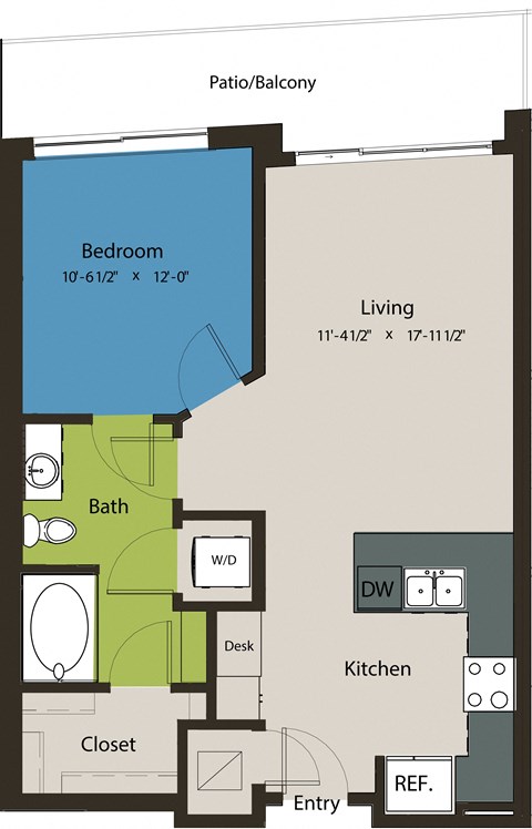Floor plan for 1 bed, 1 bath, 753 sqft